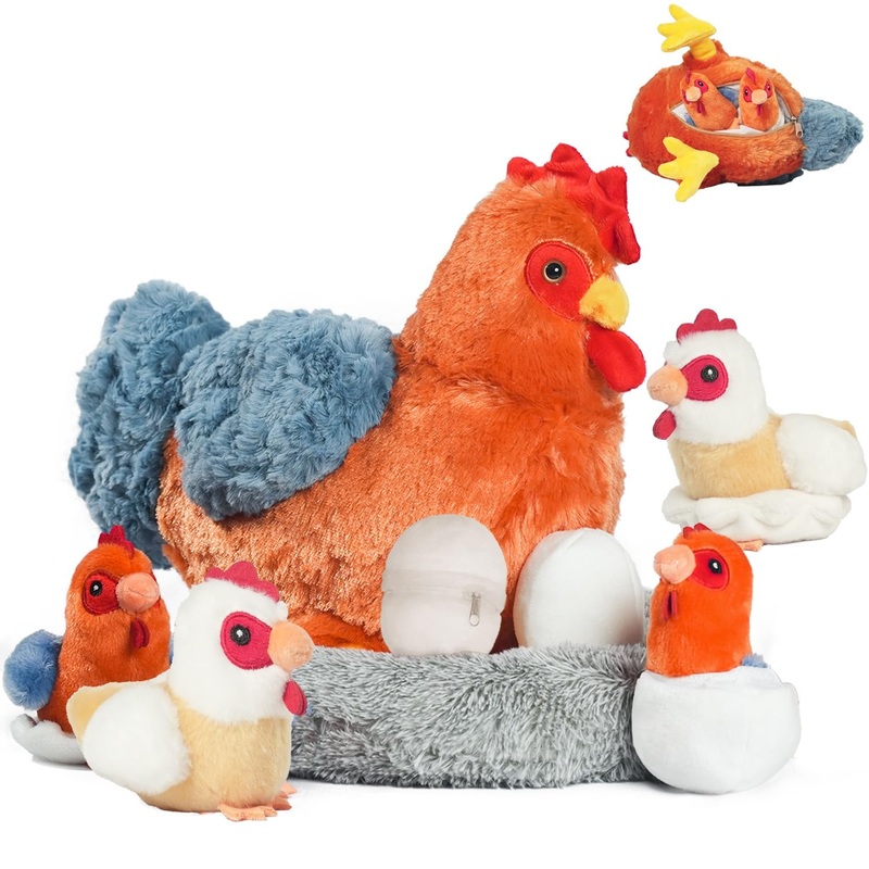 9 In 1 Chicken Stuffed Animal Set, Zippered Stuffed Chicken Plush Toys Egg Laying Hen With Eggs, Baby Chicks Plush Chickens And