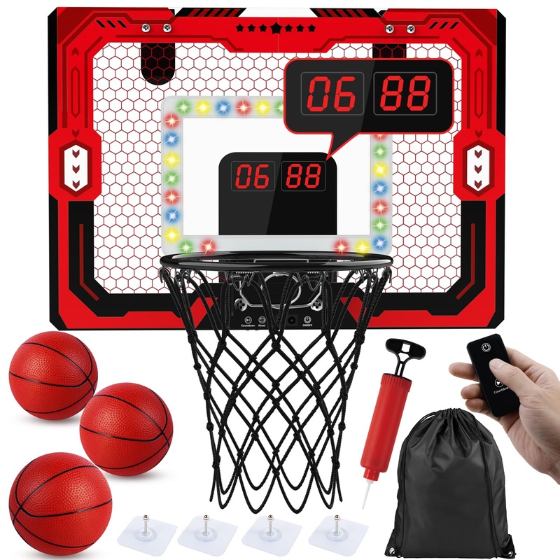 Basketball Hoop Indoor – Mini Hoop Over The Door With Led Light & Scoreboard & Timer, Basketball Toys Gifts For Kids Toddler 6 7
