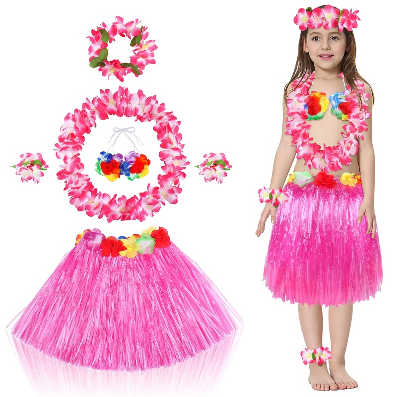 Fortuning’S Jds 40Cm Girl’S Hawaiian Hula Grass Skirt With Flowers Costume For Luau Beach Party Performance Outfits Decor
