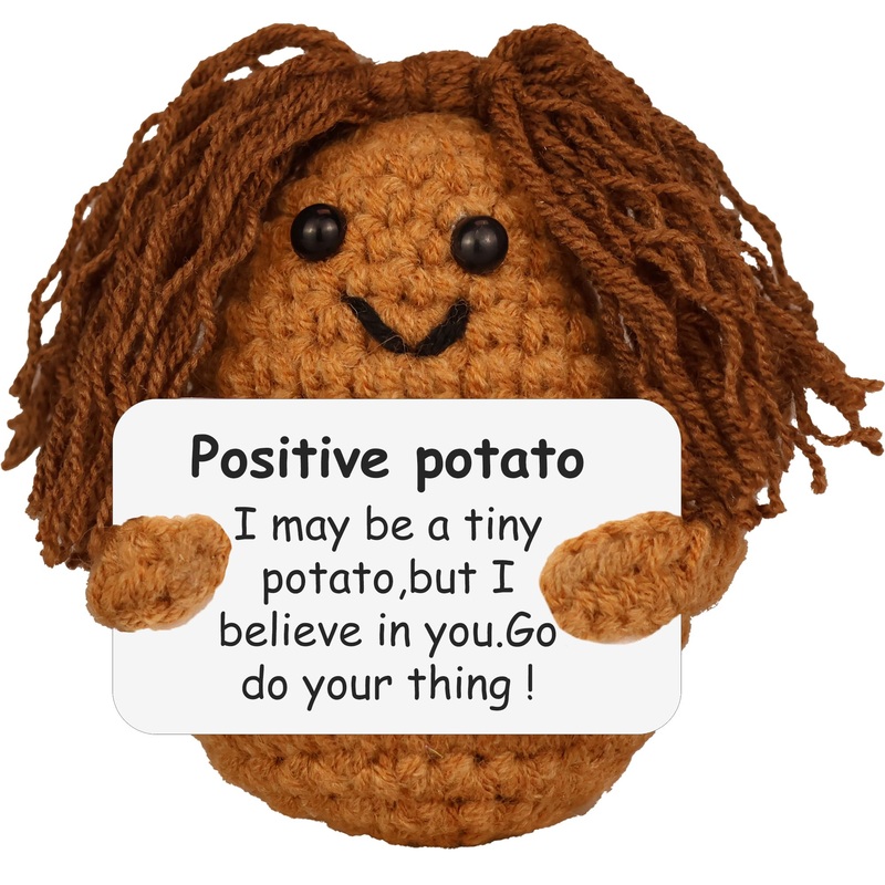 Funny Knitted Black Girl Doll With Positive Card – Adorable Long Hair Crochet Potato, Handmade Gift For Friends, Kids, Family, C