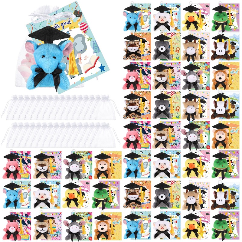 Hanaive 48 Set Graduation Mini Stuffed Animal Bulk 3    Small Plush Animal Toy With Grad Gift Card And White Organza Bag Grad Ca