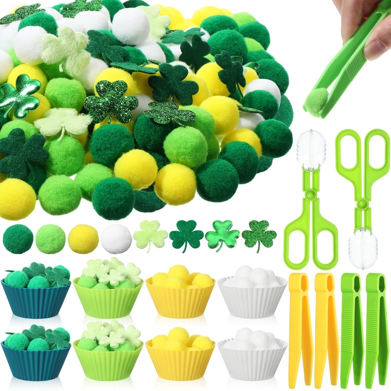 Hollowfly 294 Pcs St. Patrick’S Day Sorting Counting Fine Motor Skills Sensory Bin Filler Set Includes 8 Sorting Bowls 200 Plush