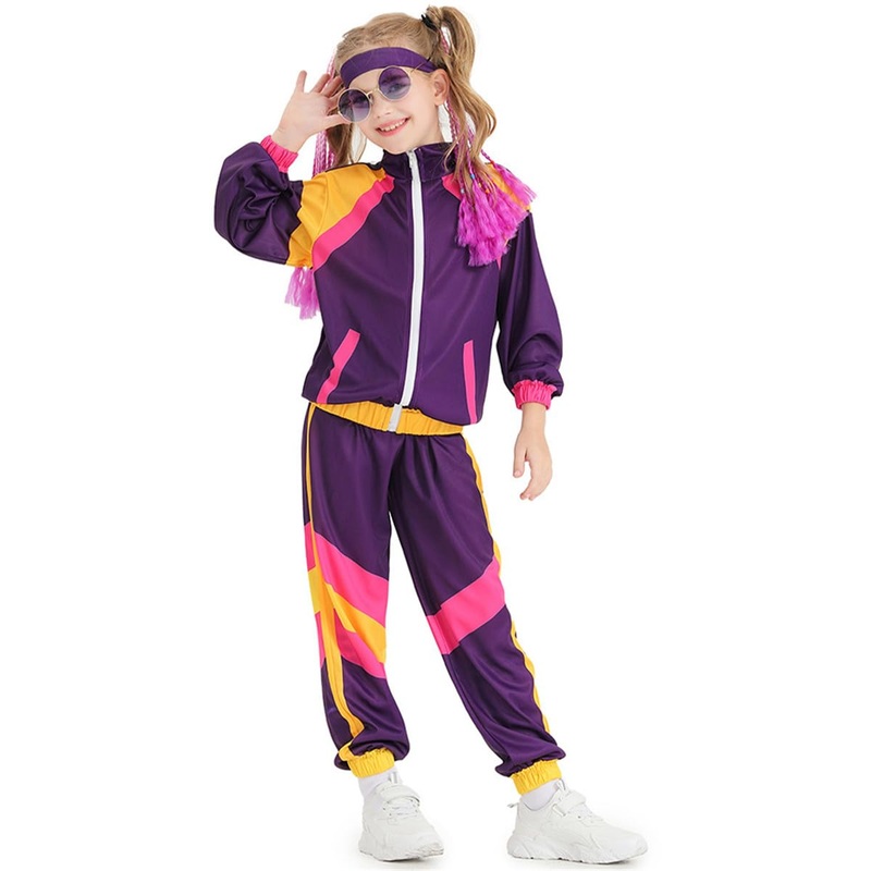 Jeleuon Boys Girls Retro Hip Hop 80S Tracksuit Costume Dance Sportswear Top Pants Sets Outfit Colorblock Windbreaker Sets Xs