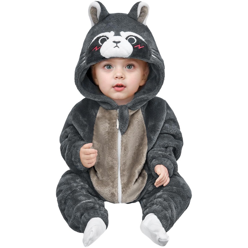 Olaola Baby Animal Costume Onesie, Unisex Toddler Raccoon Romper, Plush Cosplay Dress Up Infant Outfits Halloween Costume