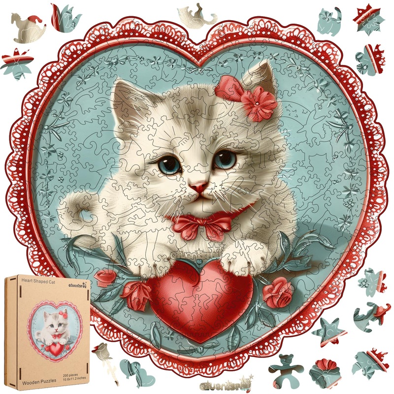 Wooden Puzzle For Adults – 3D Vision Effect Heart Cat Puzzle 200 Pcs Unique Shape Advanced Wooden Jigsaw Puzzle, Challenge Jigsa