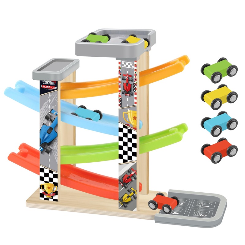 Wooden Race Track Car Ramp Toy, Montessori Car Ramp Set With 4 Mini Cars, 4 Ramps, Parking Lots – Educational Gift For Boys & Gi