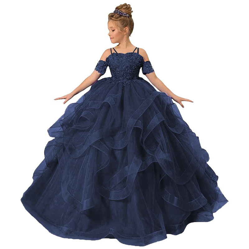 Zpvp Princess Flower Girl Dress Long Girls Pageant Dress Puffy Ruffles Beaded Appliques Wedding Party Costumes Navy Us13