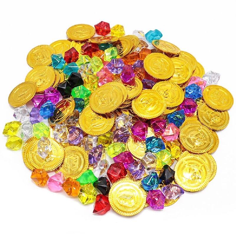 160Pcs Plastic Pirate Gold Coins Colored Gems Pirate Treasure Hunt Playset Toys For Kids Party Props Decoration Pirate Treasure
