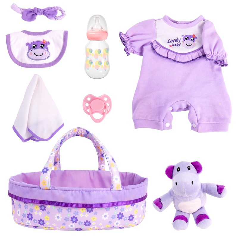 Aori 8 Pcs Reborn Baby Dolls Clothes With Bassinet For 16-18 Inch Baby Doll, Purple Carrier Bed And Baby Doll Clothes Accessorie