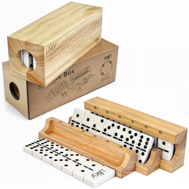 Domino Game Set Of 28 | Professional Double 6S | Multi-Use Box | Trays To Stand Tiles | By Adesign+ (Solid Wood)
