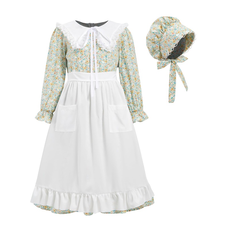 Fortmac Prairie Dress Girls Pioneer Colonial Costume Floral 1800S Pilgrim Costume With Apron And Bonnet Green 9-10Y