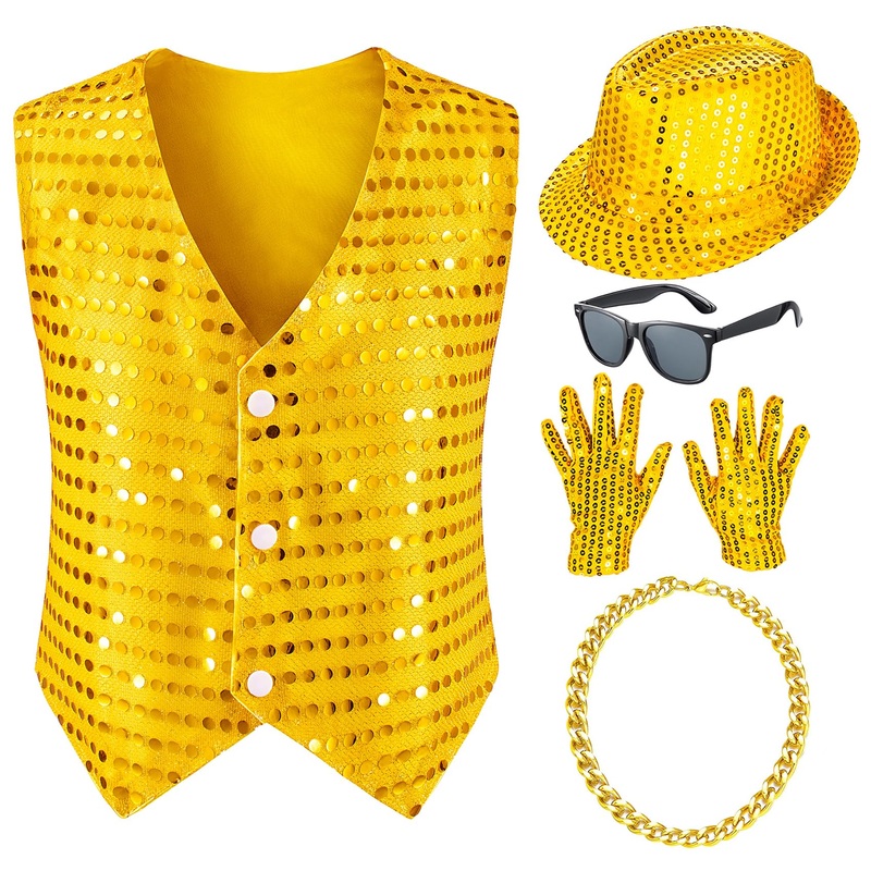 Kids Dance Hip Hop Jazz Costume Boys Sequin Vest Hat Sunglasses Set For Dance Party 3-4T Gold