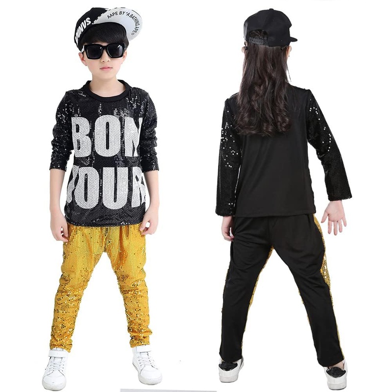 Lolanta Kids Dance Costume Boys Girls Sequins Hip Hop Clothes 80S 90S Outfits Shiny Dress Up Dancewear(Gold,8-10)