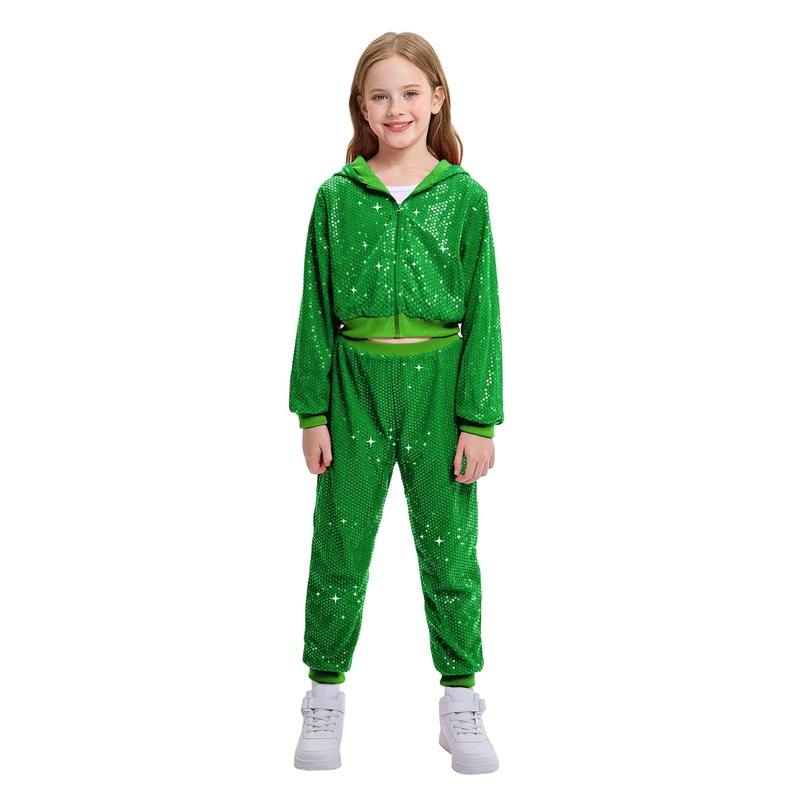 Lolanta Kids Hip-Hop Dance Costume Girls Dance Outfits Green Sequin Costume For Saint Patrick’S Day (Green, 8-9 Years)