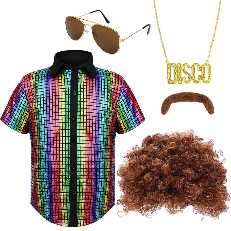 Matiniy 60S 70S Disco Costume Sequins Shirts Button Down Shirts Wigs For Halloween Dress Up
