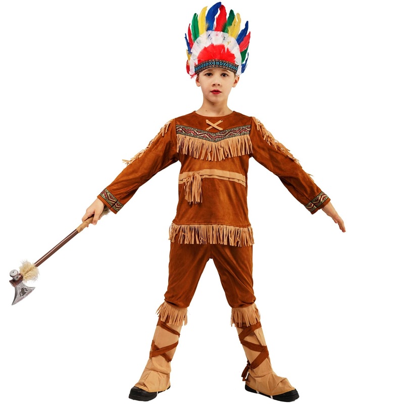 Pgond Boys Indian Halloween Cosplay Costume With Colorful Feather Hat (13-14Y)