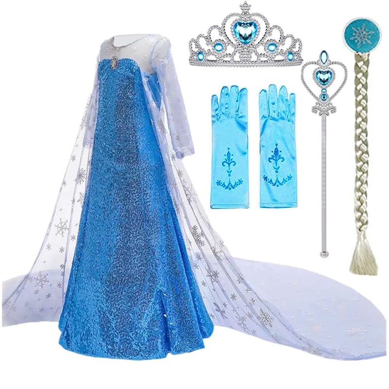 Sototoo Elsa Costume Long Sleeves Princess Dress Queen White Costume Cosplay Dress Up With Accessories Halloween (Navy,3-4Years)