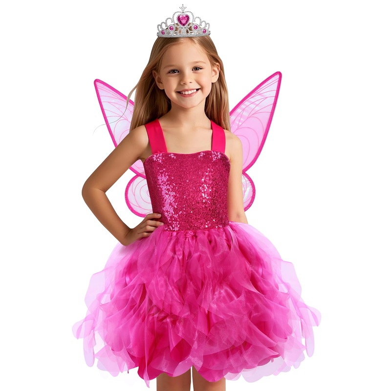 Soyoekbt Fairy Costume For Girls Princess Tutu Dress With Butterfly Wings For Girls Birthday Party Dress Up (Rose Red, 9-10 Year