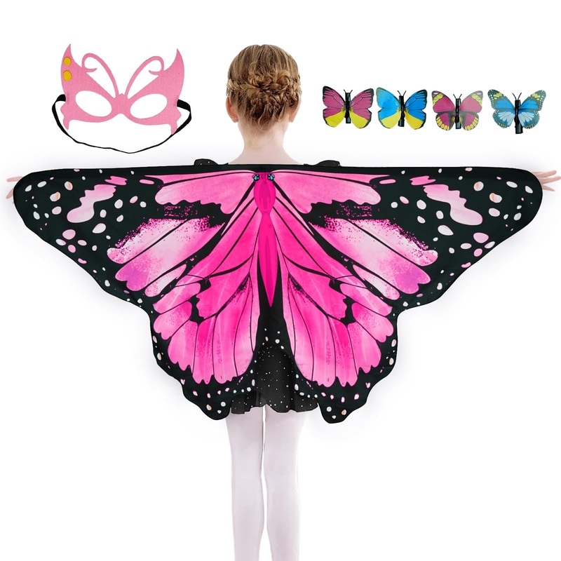 Sunlisky Kids Butterfly Wings Costume Girls Fairy-Wings Toddler Dress Up Play Costumes Butterfly Hair Clip Mask Party Favors (Pi