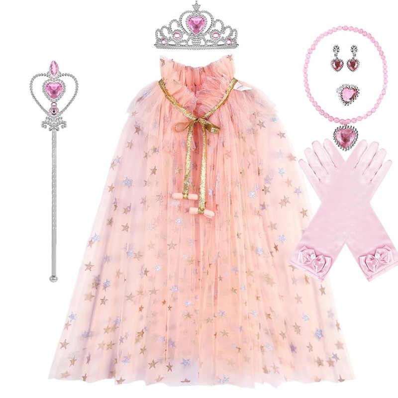 Tpmg Sparkling Princess Fairy Sheer Cape For Little Girls Halloween Costume With Dress Up Accessories Tiara Crown Wand Gloves
