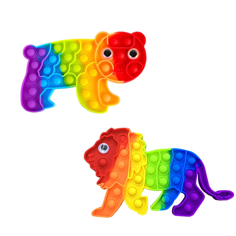 2 Packs Animals Fidget Toys,Push Bubble Sensory Toy For Kids,Rainbow Lion Tiger Stress Reliever Squeeze Toys Set Educational Fid