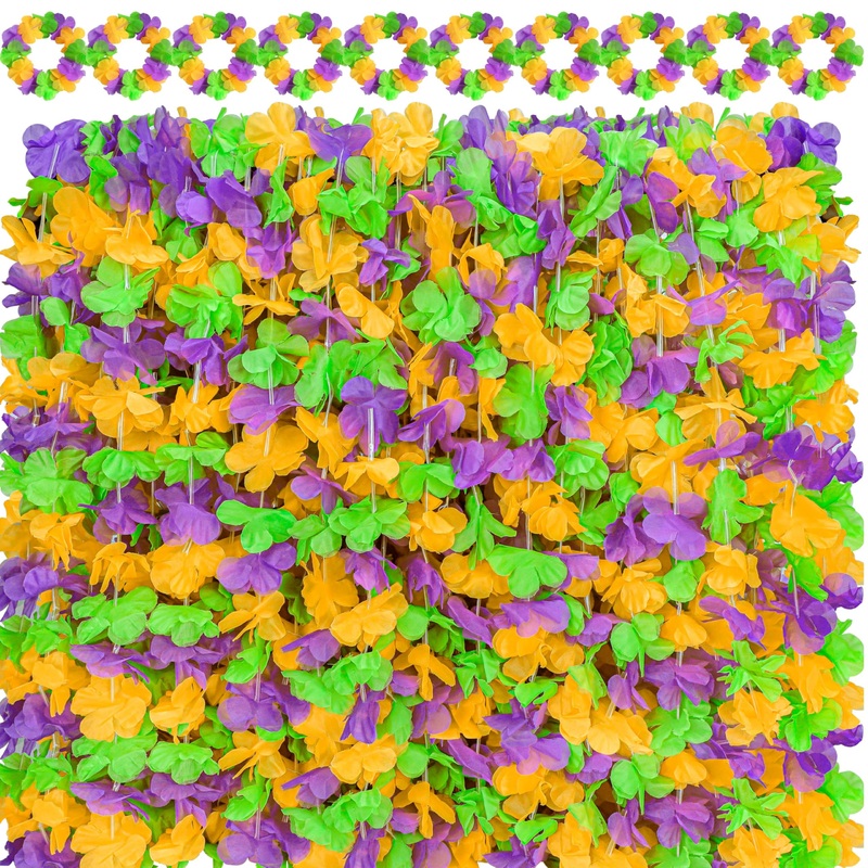 52Pcs Mardi Gras Leis Hawaiian Throws Decorations – Flower Necklaces Headbands Bulk For Parade Party Favors Supplies