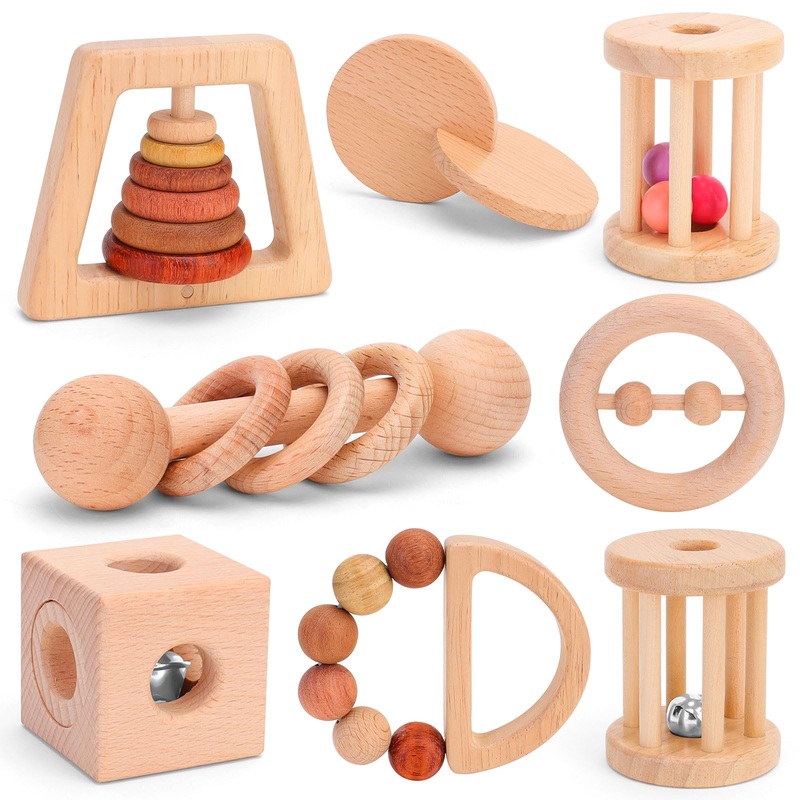 8 Pieces Montessori Baby Wooden Toys For 0-6-12 Months Babies, Wood Rattles And Teethers Toy Set With Bells For Newborn Infant B
