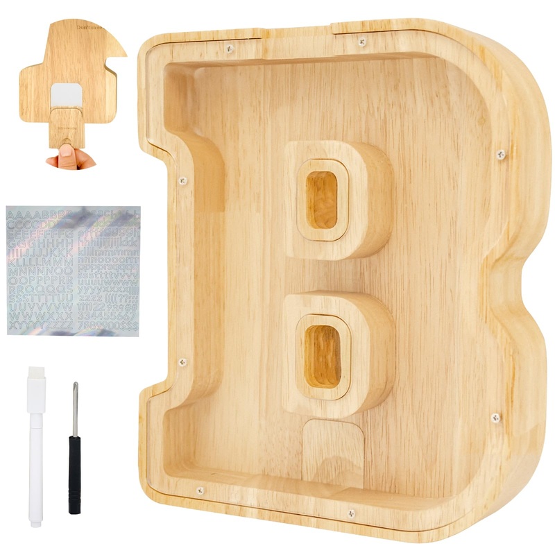 Bitreeworks Letter Piggy Bank, Personalized Wooden Coin Banks, Large Wood Money Peny Bank For Adults (9”, Alphabet B)