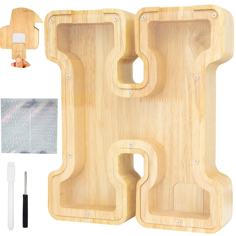 Bitreeworks Letter Piggy Bank, Personalized Wooden Coin Banks, Large Wood Money Peny Bank For Adults (9”, Alphabet H)