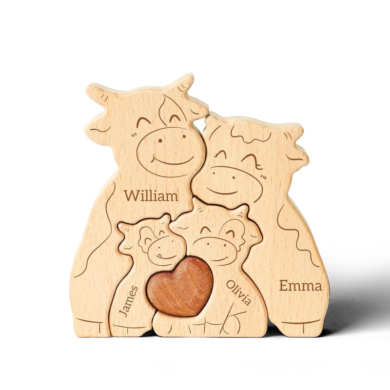 Customizedbee Wooden Cows Family Puzzle, Personalized Puzzles With 2-5 Names, Fathers Day Birthday Personalized Gifts For Mom Da
