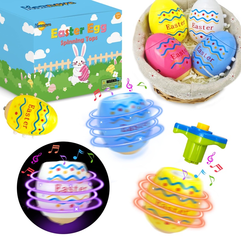 Easter Basket Stuffers Fillers For Toddlers 6 Pack,Light Up Easter Egg Spinning Top Toys With Music For Kids, Goodie Gift Bag St
