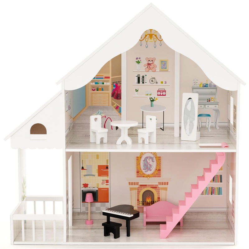 Honey Joy White Doll House, Wooden Kids Dollhouse With Stairs, Accessories & Furniture Included, Large 2 Story Easy To Assemble