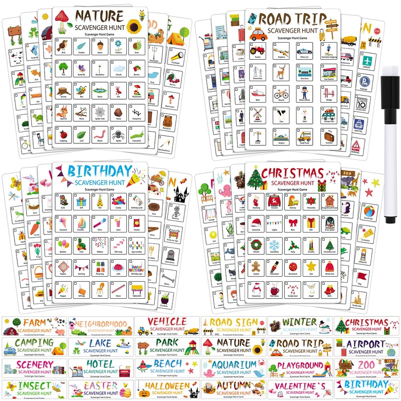Hoolerry 12 Pcs Scavenger Hunt For Kids 24 Themed Scavenger Hunt Cards Nature Camping Road Trip Vehicle Birthday Valentines Game