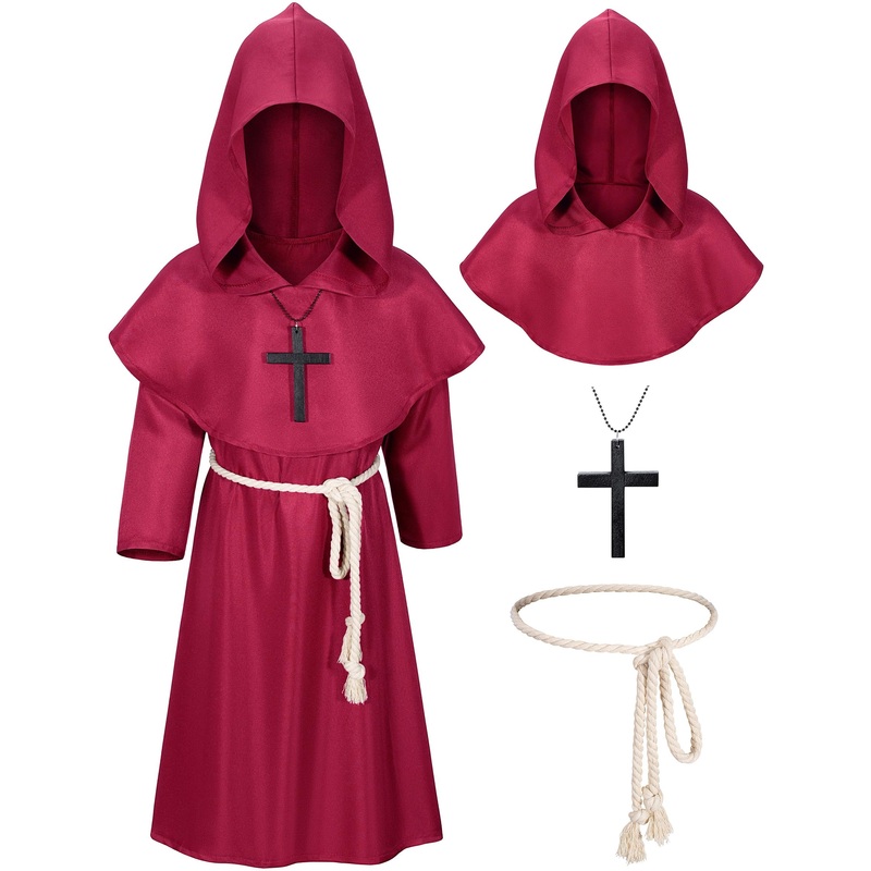 Kids Medieval Renaissance Monk Costume Priest Friar Wizard Cloak Hooded Robe Cosplay Costume Belt Necklace Set(Rd 110)