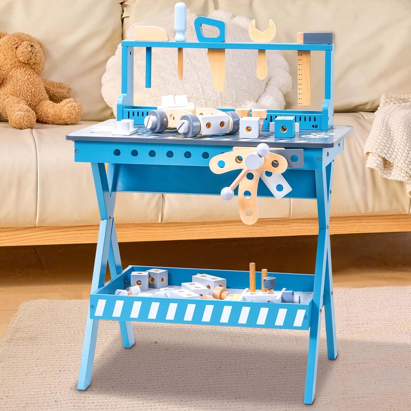 Kids Tool Bench With Sturdy Wood, Toddler Workbench With Realistic Toy Construction Set, Toy Tools Set And Multiple Ceative Piec