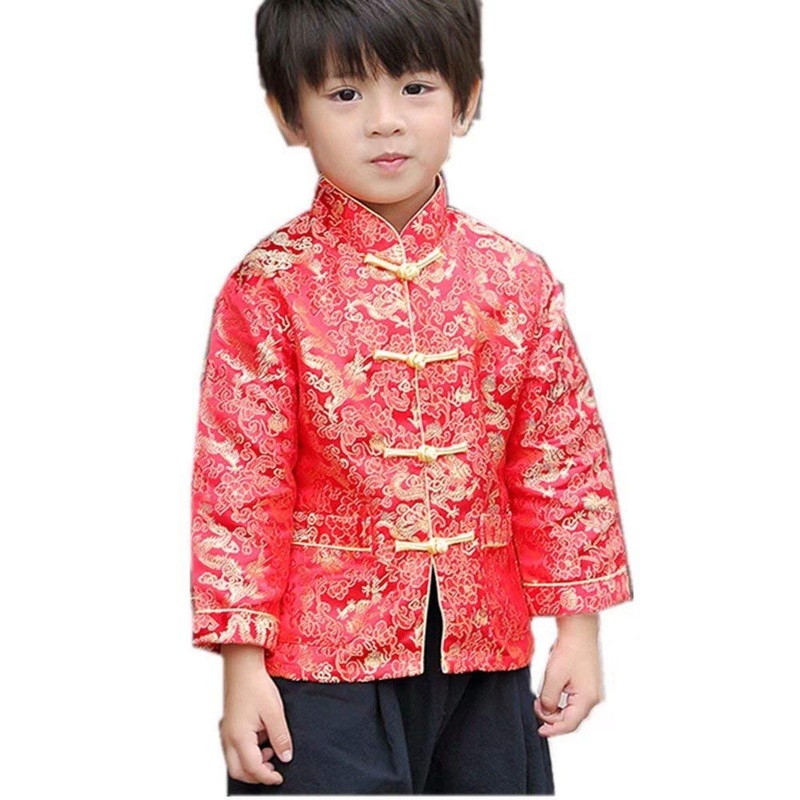 Little Boys Dragon Tang Coat Long Sleeve Chinese Clothing Children Costumes Boy Jackets Outfit Tops (Red, 16)