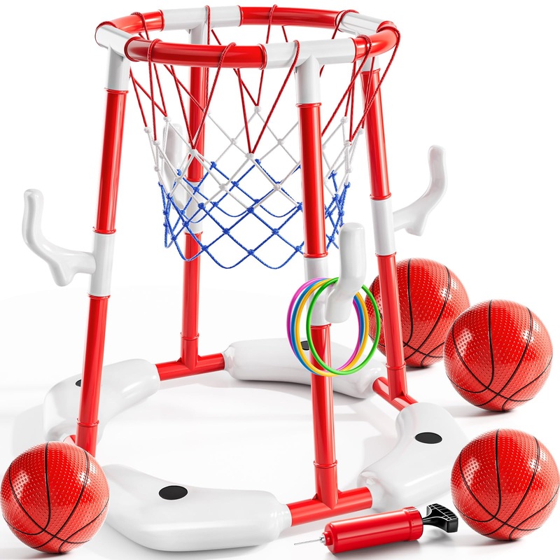 Niplooow Pool Basketball Hoop, 2-In-1 Floating Pool Toys Ring Game With 4 Balls And Pump, Outdoor Swimming Pool Basketball Games