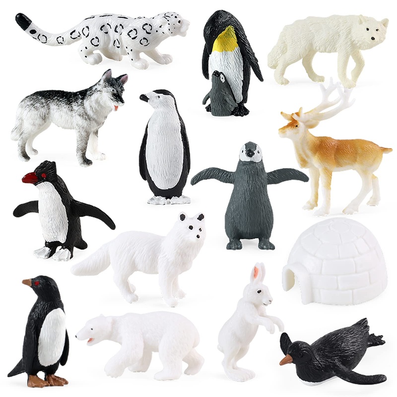 Rcomg Arctic Animals Figures, 14Pcs Mini Polar Animal Figurines, Plastic Arctic Animal Toys Set With Arctic Fox Wolf Reindeer Pe