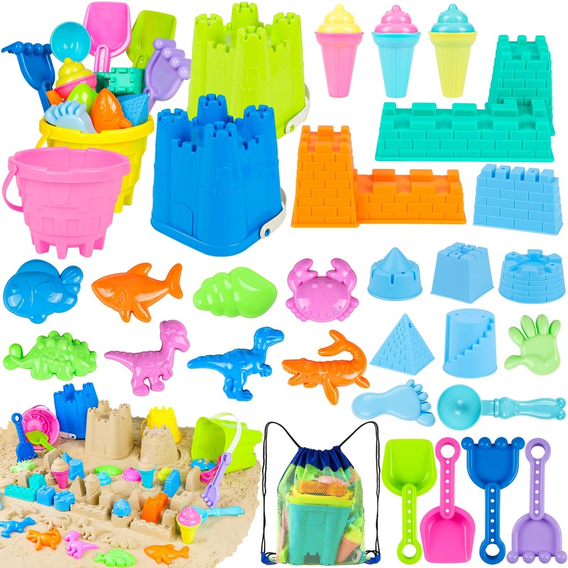Rezucrey Beach Toys For Kids Toddlers, Sand Castle Toys With 4 Sand Bucket And Shovels, Mesh Bag & Molds, Ice Cream Travel Sandb