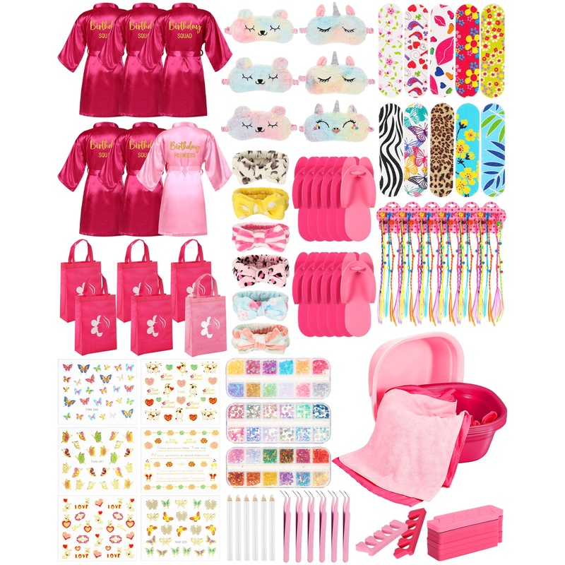 Suhine 6 Set Spa Party Supplies For Girls, Kids Satin Robes Nail Salon Kit Spa Kit Accessories For Birthday Party Favors (Cute C