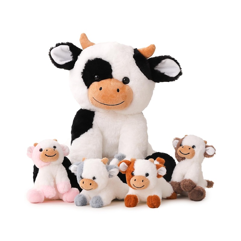 Vposyako 5 Pieces Cow Stuffed Animals For Boys Girls, 1 Mommy Cow With 4 Babies Soft Plush Toy Set Gifts For Kids Children 3 4 5