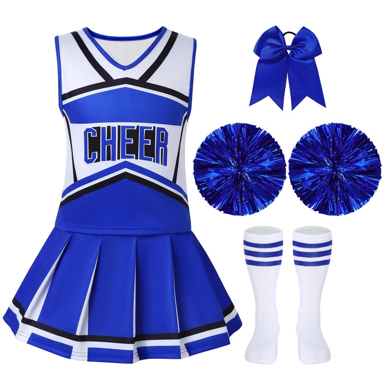 Woohand Halloween Girls Cheerleading Uniforms 8-9 Cute Cheer Uniform Outfit Girl Blue Cheerleader Costume With Accessories Athle