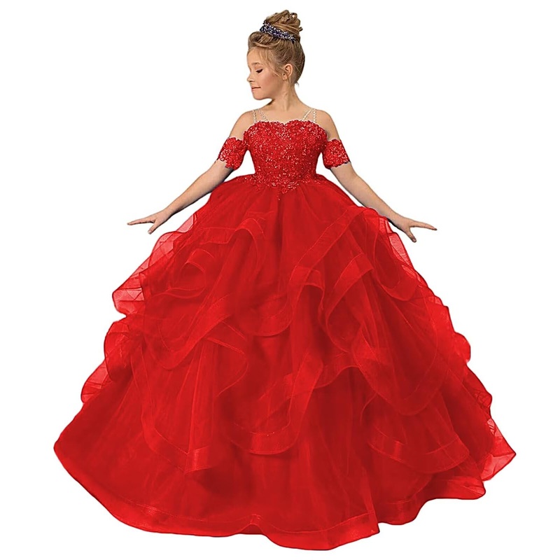 Zpvp Red Girls Pageant Dress Long Ruffles Princess Flower Girl Dress Beaded Appliques Tulle Wedding Party Costumes Us4