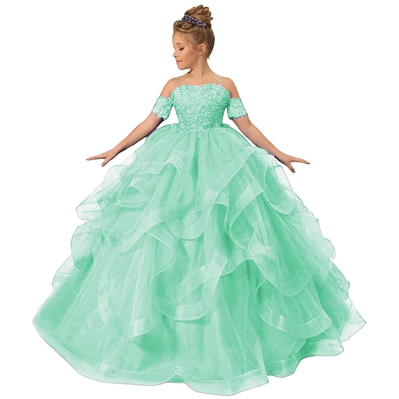 Zpvp Tulle Princess Girls Pageant Dress Tiered Ruffles Flower Girl Dress Beaded Appliques Wedding Party Costumes Mint Green Us6