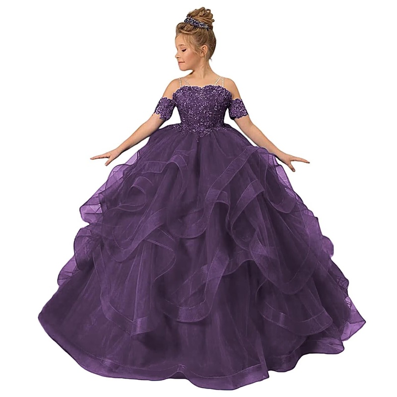 Zpvp Tulle Princess Girls Pageant Dress Tiered Ruffles Flower Girl Dress Beaded Appliques Wedding Party Costumes Plum Us6