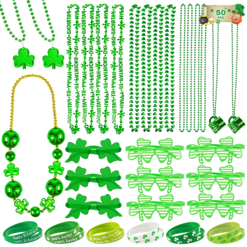 Zugm 50 Pcs St. Patricks Day Accessories, Dressing-Up St. Patricks Day Supplies Set With Green Shamrock Glasses, Shamrock Neckla