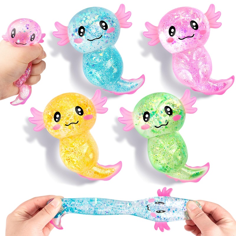8Pcs Glitter Stress Relief Axolotl Toy Cute Malt Sugar Filled Sensory Fidget Toy For Kids Adults Soothing Birthday Party Favors