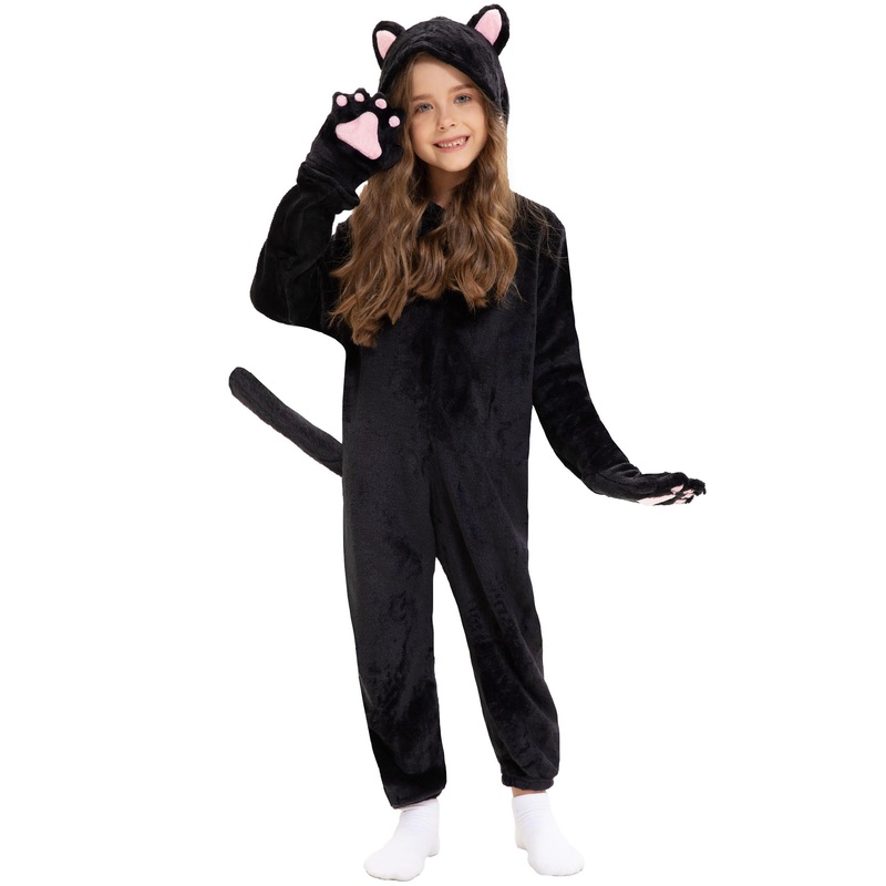 Cat Costume Kids Halloween Animal Onesie For Girls Boys(Black Cat, Small(5-6 Years))
