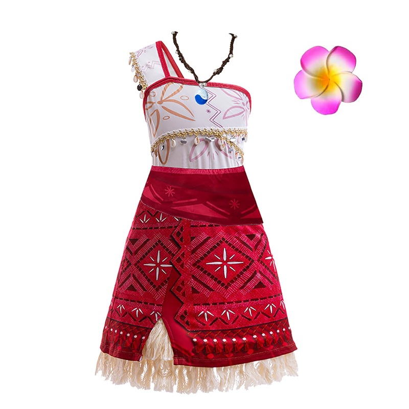 Hewtwerck Moana Costume For Girls Adventure Outfit Ocean Princess Birthday Party Dress Up With Accessories (White Red, 4Years-5Y
