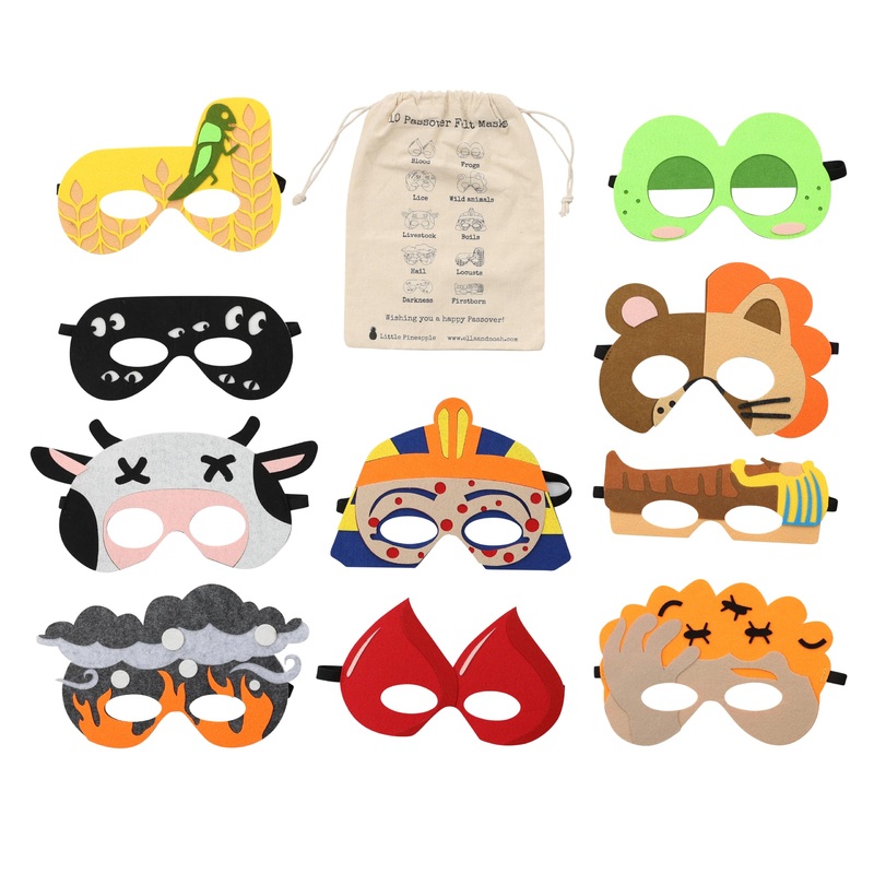 Little Pineapple Passover 10 Felt Plague Masks In A Decorative Fabric Storage Pouch For Pesach Seder
